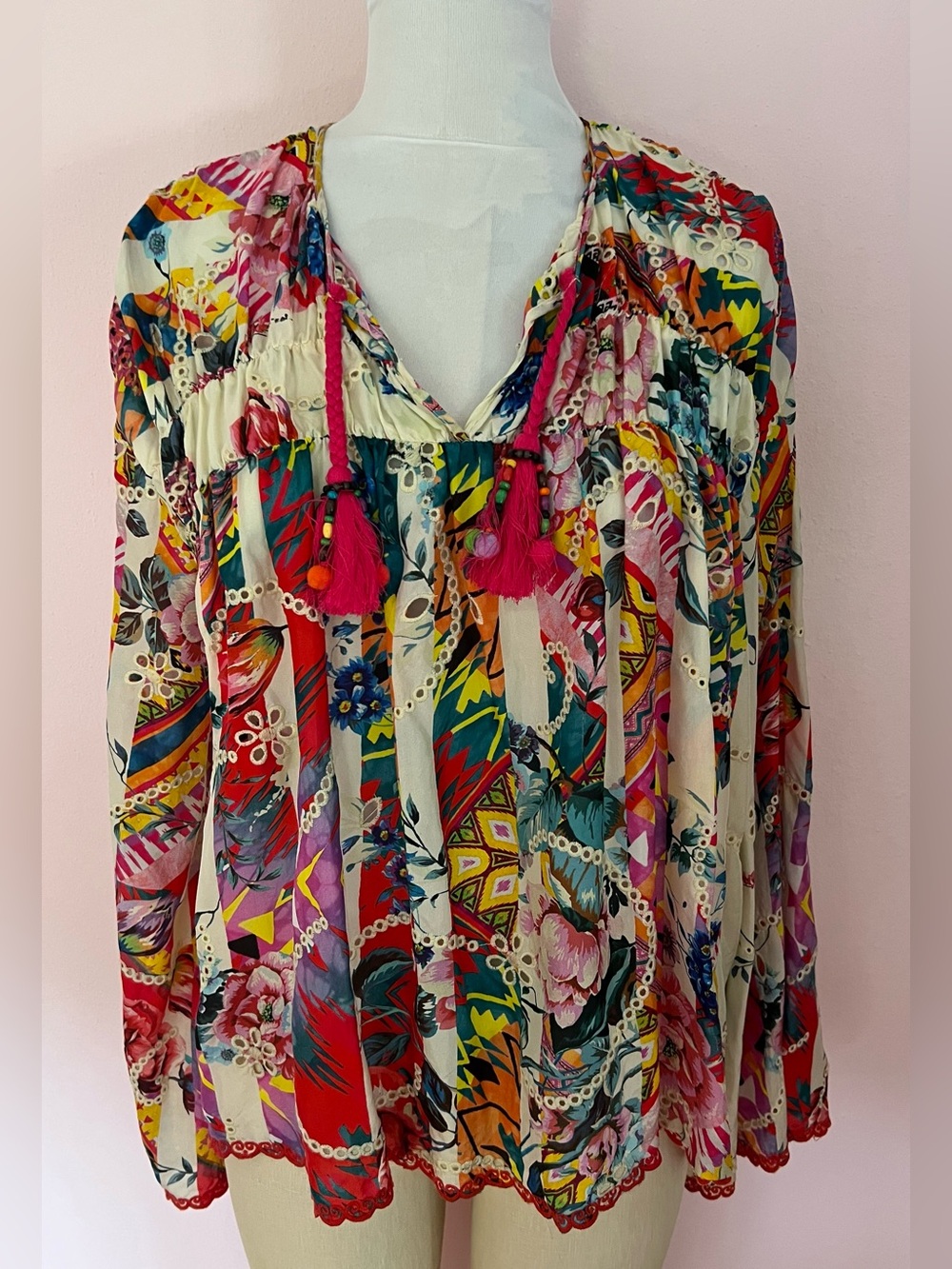 Johnny Was Bohemian Floral Tassel Peasant Top - Pink Multi